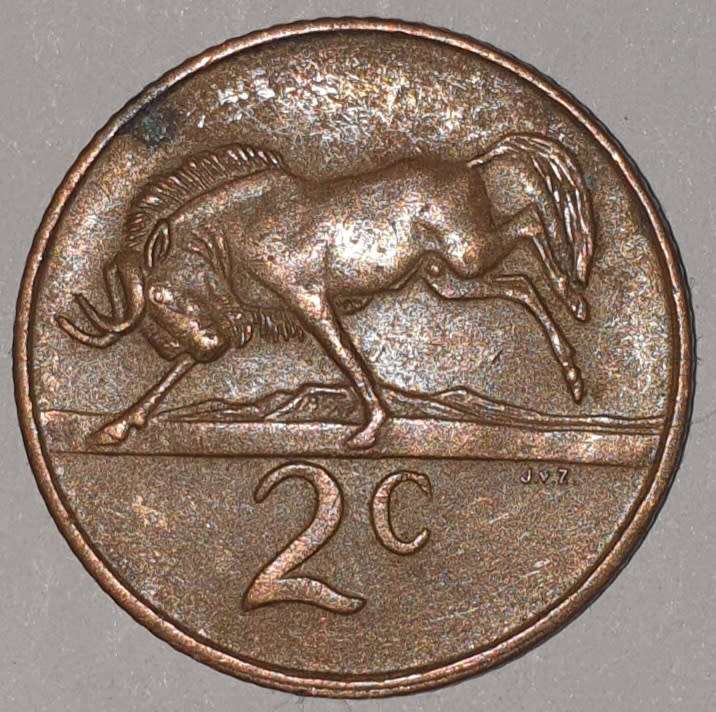 1986 - 2 CENT COIN (TWO CENT COIN) - RSA - BRONZE - KM#83 - BILINGUAL LEGEND - WILDEBEEST